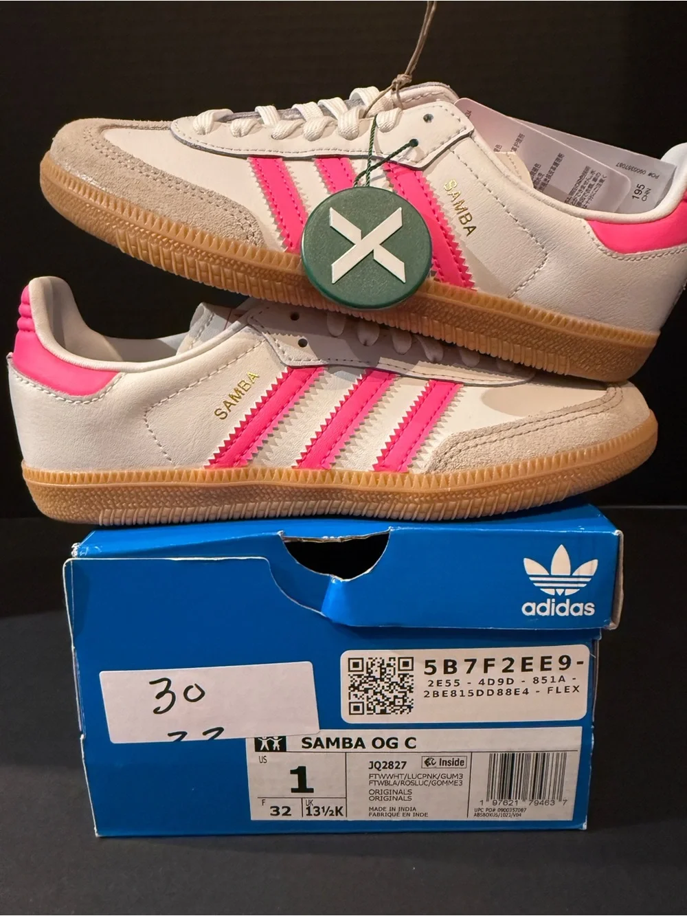 adidas Samba OG White with Pink Stripes kids 1Y